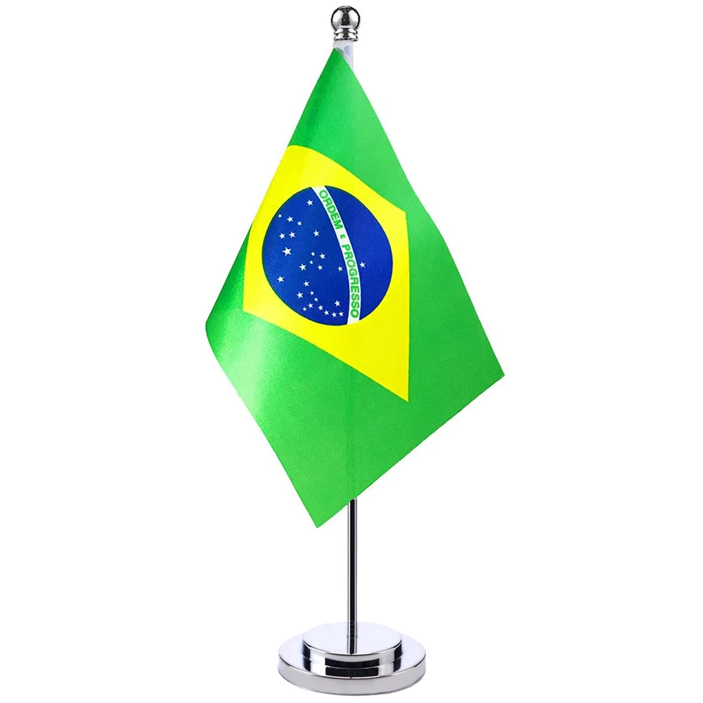 14x21cm Mini Flag Of Brazil Banner Meeting Boardroom Table Desk Stand Stainless Steel Pole The Brazilian Flag National Design