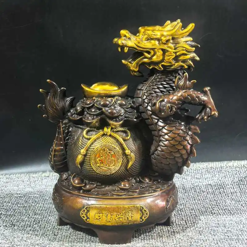 Gilt prosperity money bag dragon ornament, brass imitation purple copper with gilding, vintage craftsmanship