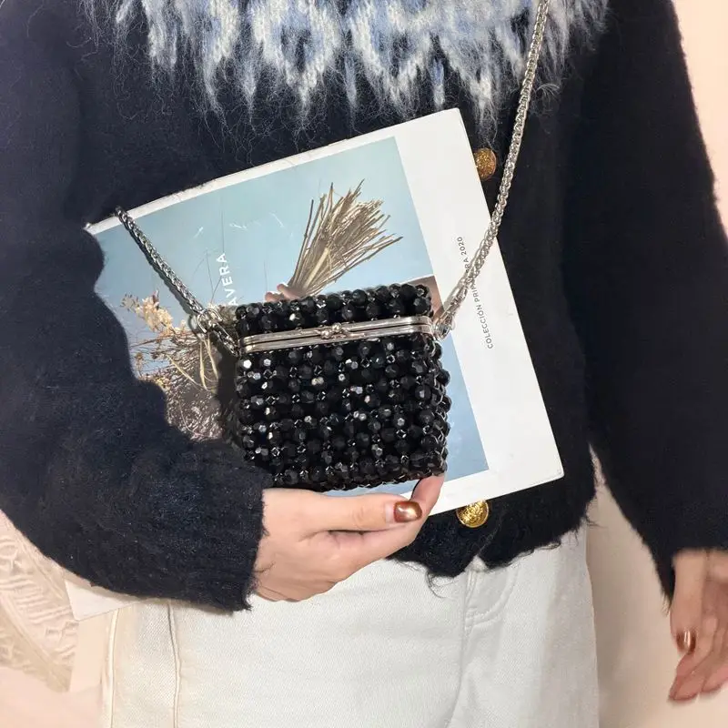 Vintage Black Beaded Clutch Bag with Chain Elegant Evening Party Crossbody Luxury Brand Purse for Women Designer Bags