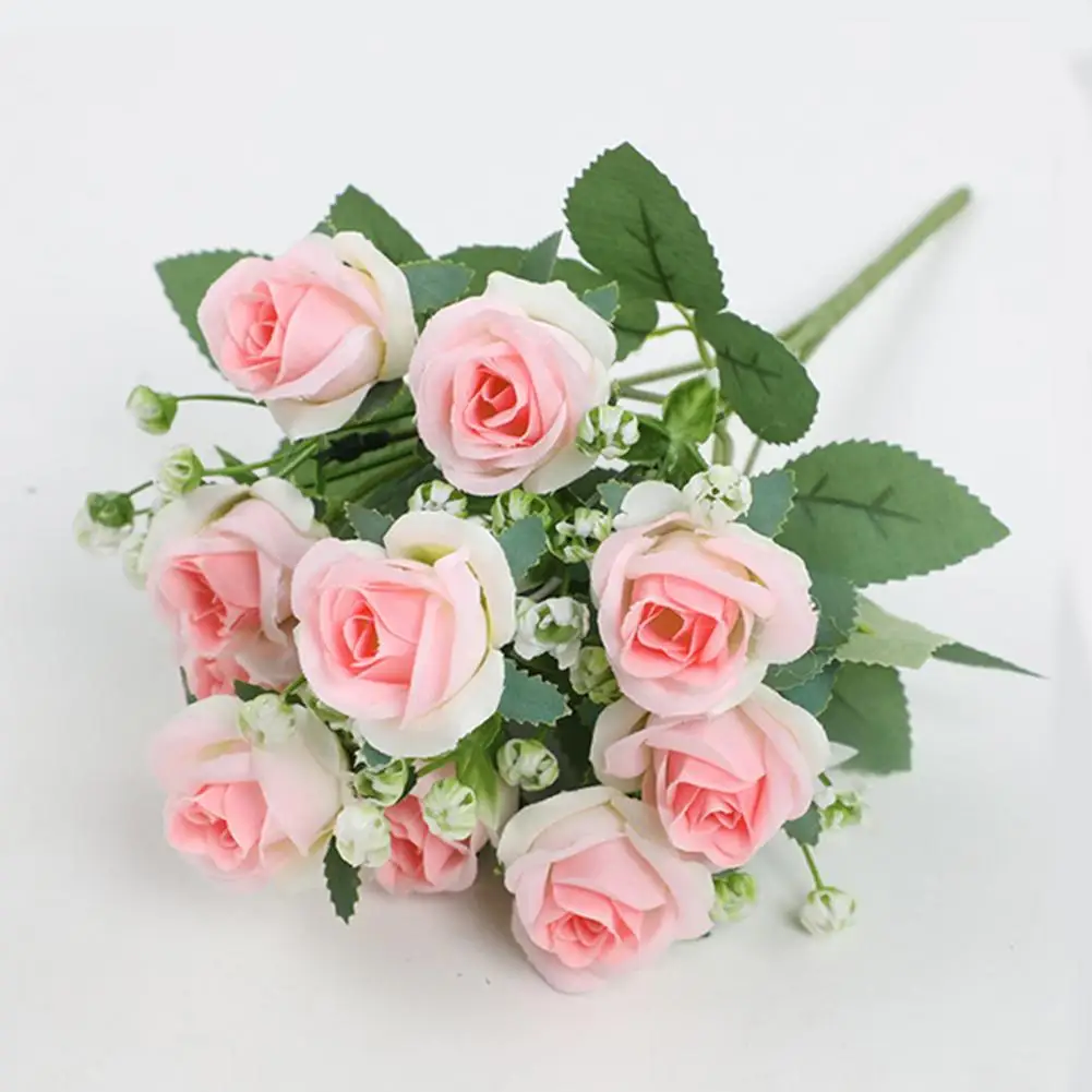 

Artificial Rose Flower Bouquet with Green Leaves Stem Realistic Faux Floral Plant Home Decoration Wedding Party Photo Props