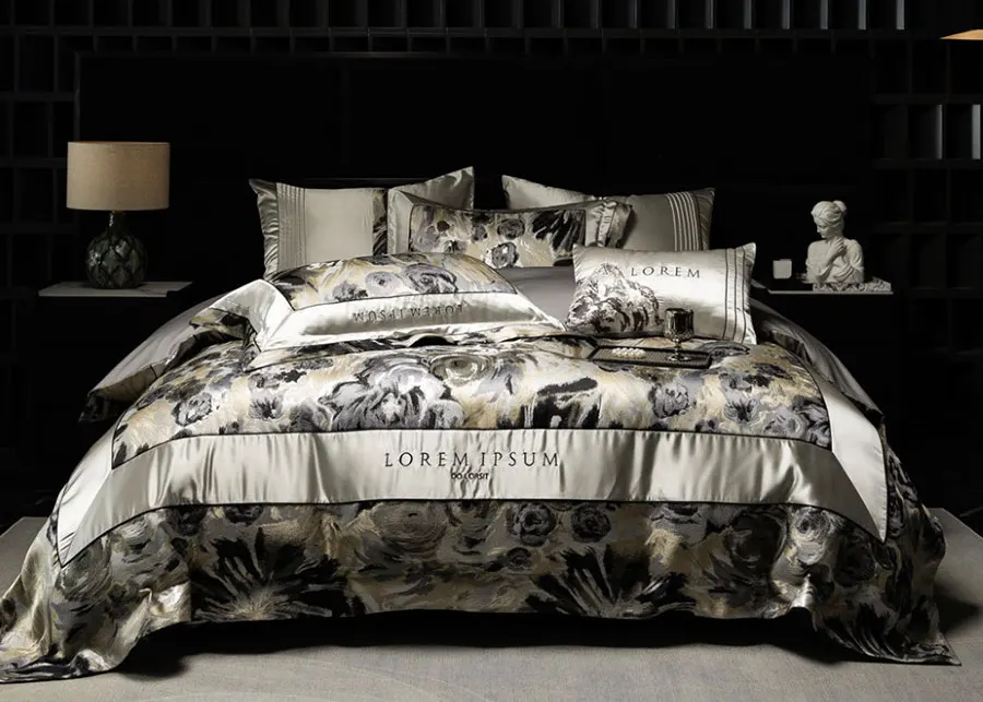 Modern fashion jacquard grey gold blue bedding set,full queen king trend cotton home textile bed sheet pillow case duvet cover