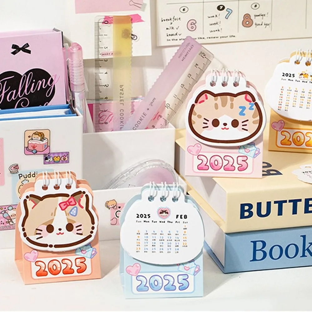 1PC 2025 Mini Desk Calendar Coil Planner Cartoon Cat Desktop Calendar To Do List Daily Organization 2025 Coil Calendar School