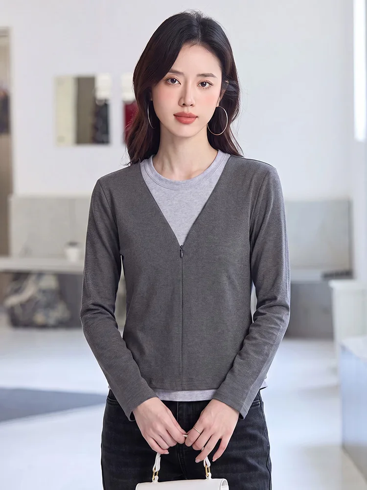 New Women Patchwork Contrast Color T-shirt Spring Autumn Fashion O-Neck Long Sleeve Slim Daily T-shirt Casual Basic T-shirt
