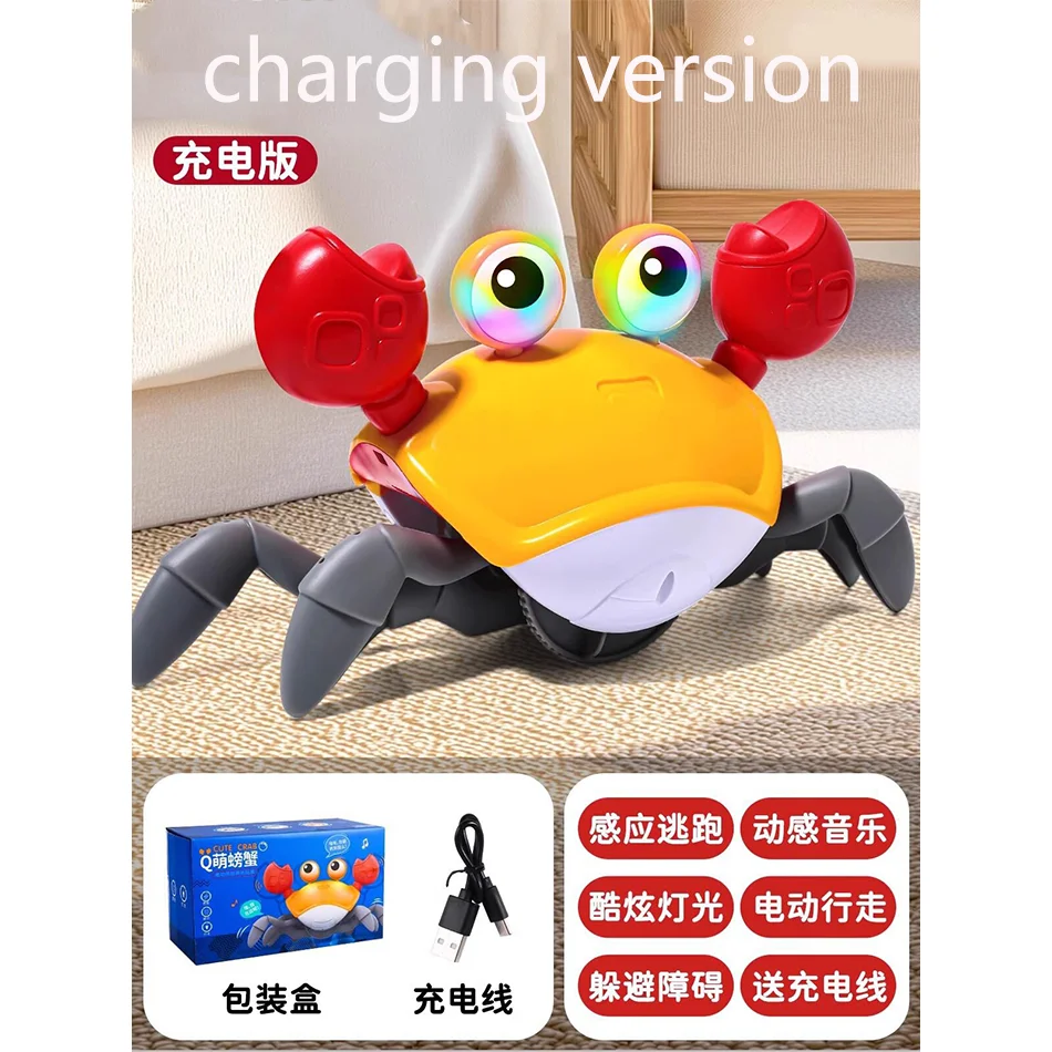 Brinquedo de caranguejo de fuga com detecção automática, animal de estimação eletrônico para engatinhar e evitar obstáculos para crianças com música, recarregável