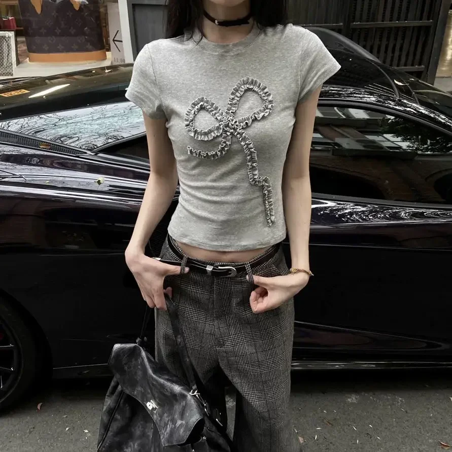 

Летние мягкие милые серые укороченные топы для девочек, женские футболки с рюшами и бантом в стиле гранж, эстетические облегающие футболки в стиле Харадзюку Y2k, уличная одежда