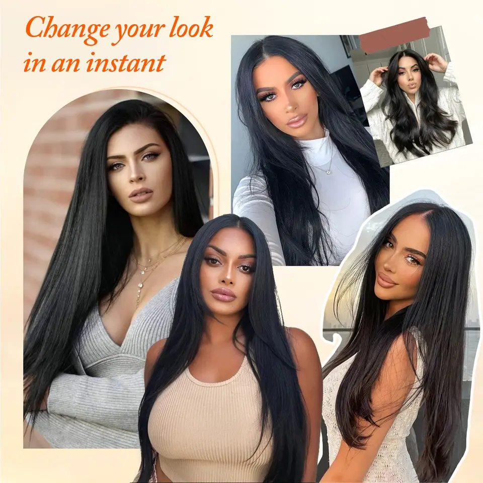 7 Piezas/Lote 16 Clips Extensión de Cabello Negro Largo Liso Natural Ombre Postizo Resistente al Calor Fibra para Peinado de Mujer 5