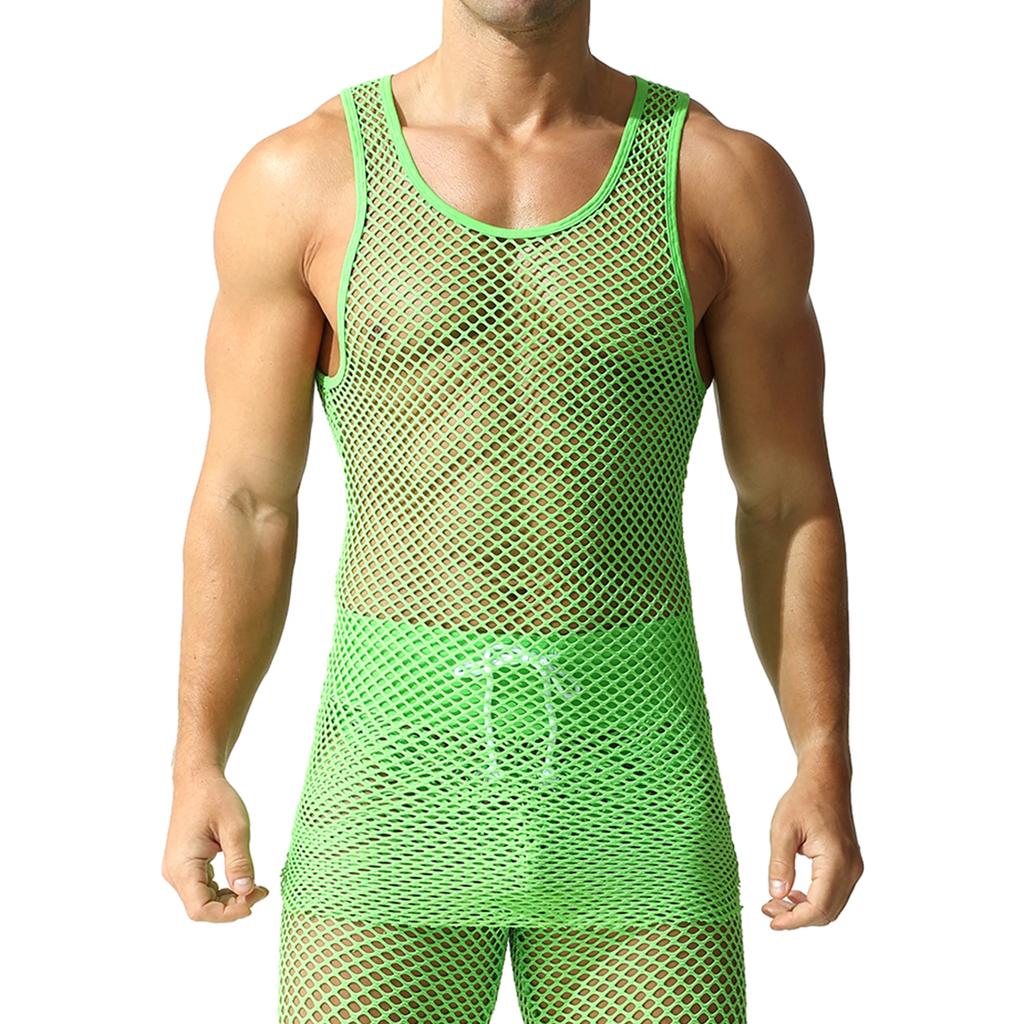Mens See Through Fishnet Tank Tops Hollow Out Undershirts Mesh Breathable Sleeveless Vests T Shirt Rave Party Nightclub Costumes