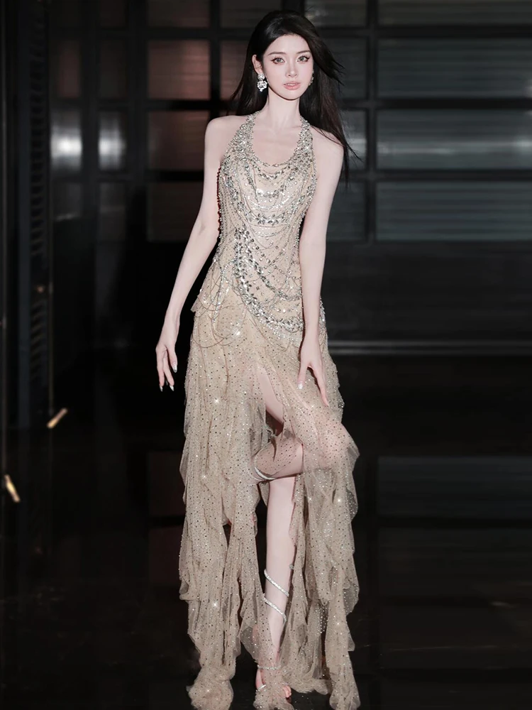 ชุดเดรสปาร์ตี้ L&P DQL สไตล์เซ็กซี่ สีแชมเปญ ผ้าทูลล์ประดับเลื่อมและลูกปัด ชุดราตรีงานเลี้ยง
