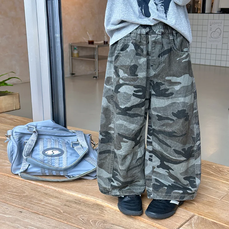 Parent-Child Matching Cargo Wide Leg Pants, Camo Loose Trendy Cool Casual Trousers for Kids Spring Autumn