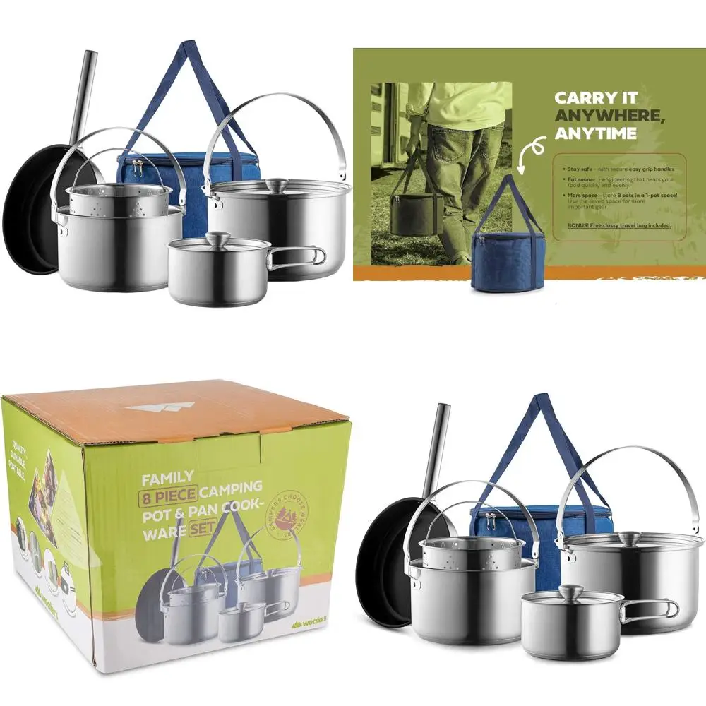 

8-Piece 304 Stainless Steel Camping Cookware Set with Frying Pan and Steamer, Portable Outdoor Cooking Kit for Hiking, RV, and C