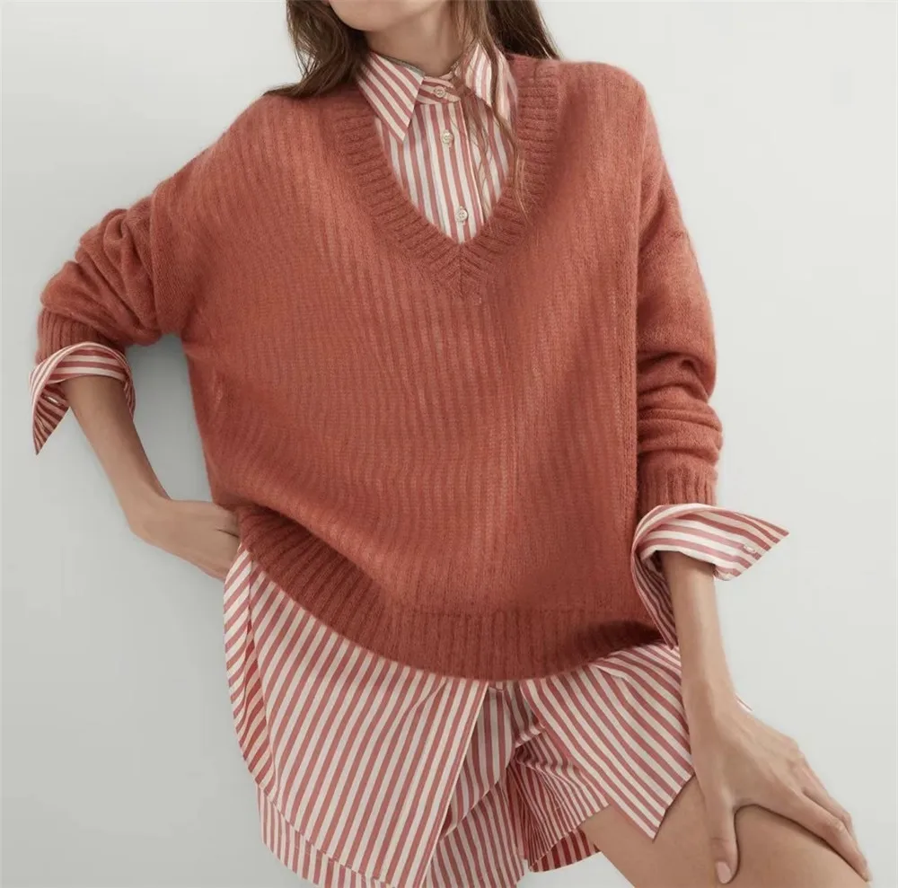 B/C Skin-Friendly Bohair Blend Knit Pullover Sweater V-neck Loose Thin Casual Long Sleeve Sweater