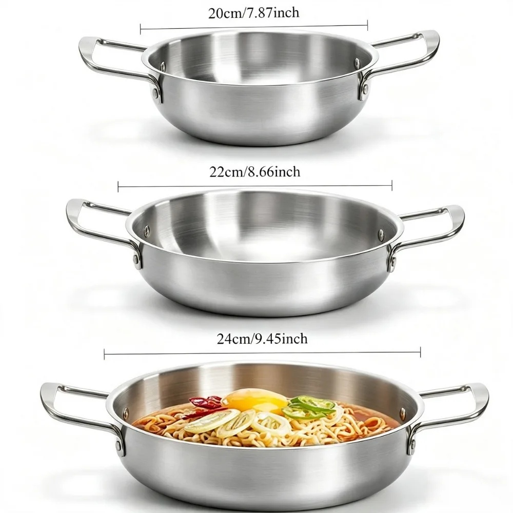 3-piece Korean Ramen Cookware - Japanese Ramen/Korean Cookware with Handles - Silver, suitable for home and outdoor cooking.