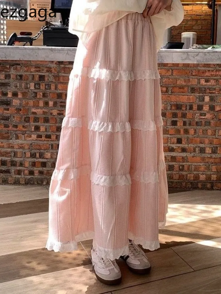 

Ezgaga Woman Skirts Sweet Lace Patchwork Stretch High Waist Loose Summer 2025 Fashion Plaid Cake Skirt Ladies Casual Chic