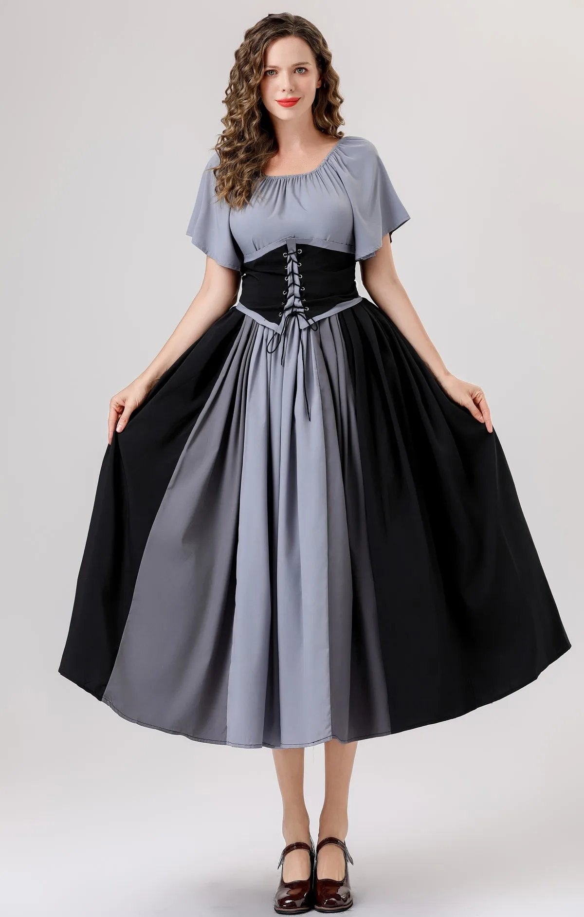 Vestido largo de encaje con manga de empalme de colisión de Color Retro Medieval, vestido de columpio grande con cintura, traje de Cosplay, fiesta de carnaval, nuevo