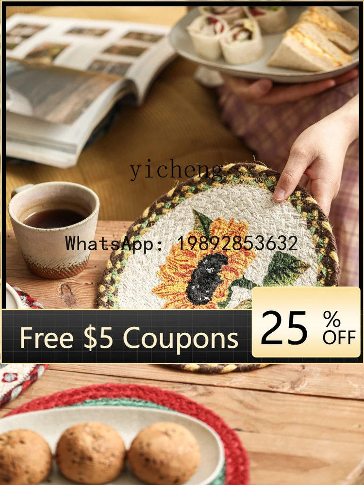 

Z1 Kitchen Dining Table Heat Insulation Mat Handmade Woven Round Plate Vintage Country Style Anti-scald Table Mat