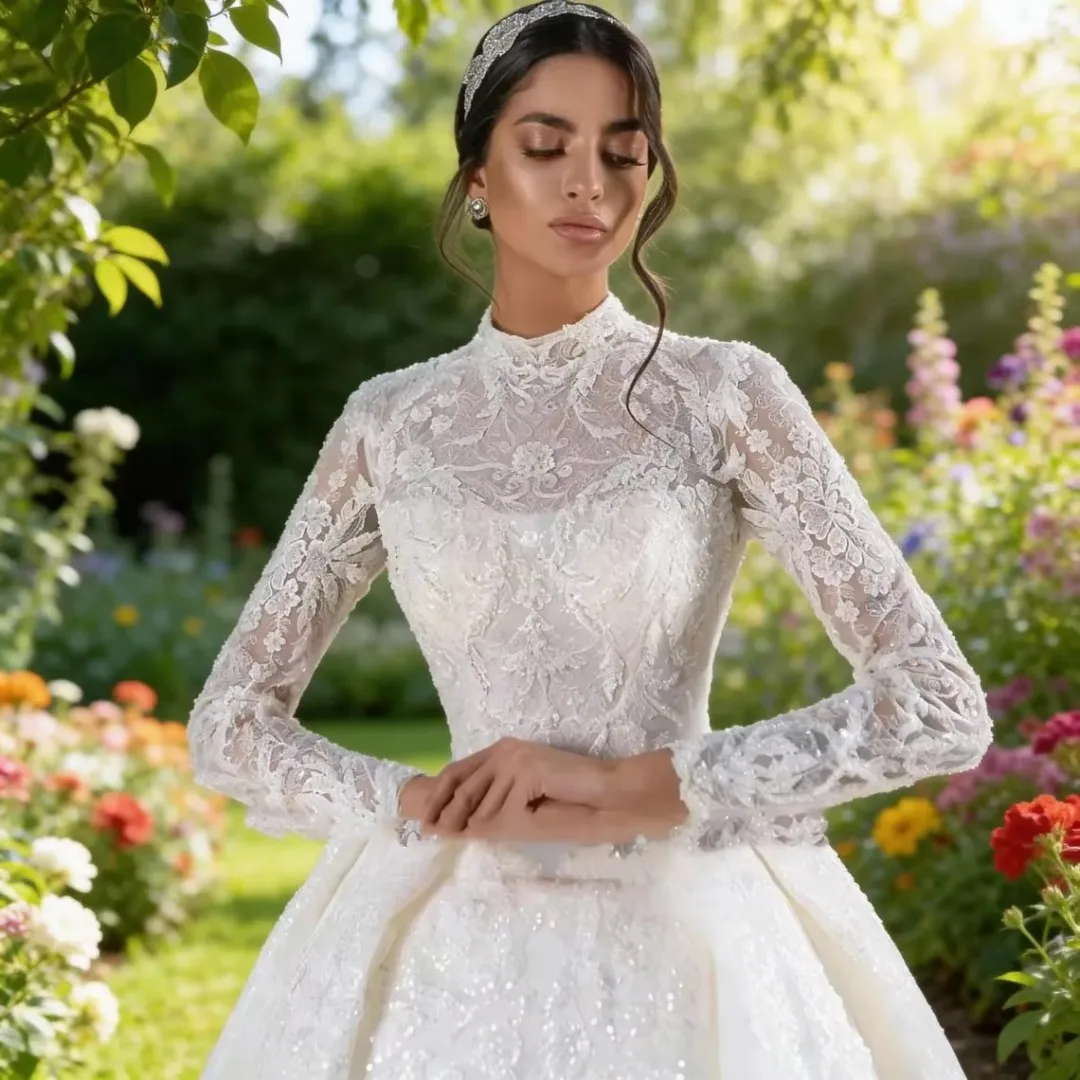 Ball Gown Wedding Dresses For Woman Elegant High Neck Sparkling Long Sleeves Appliques Wedding Gown Robe De Mariee