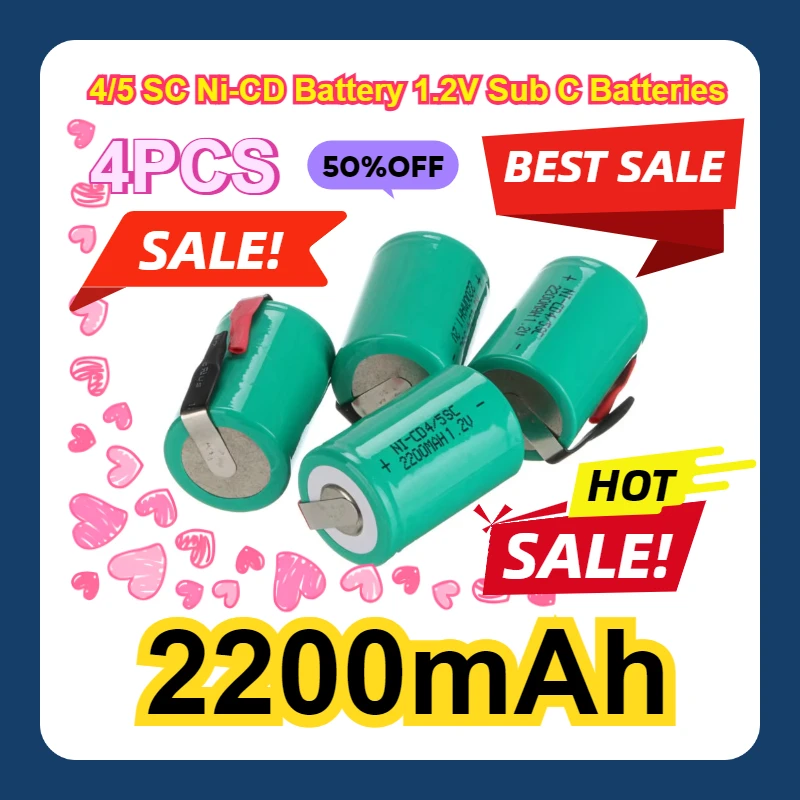 

With Tab for Power Tools 4PCS 2200mAh 4/5 SC Ni-CD Battery 1.2V Sub C Batteries