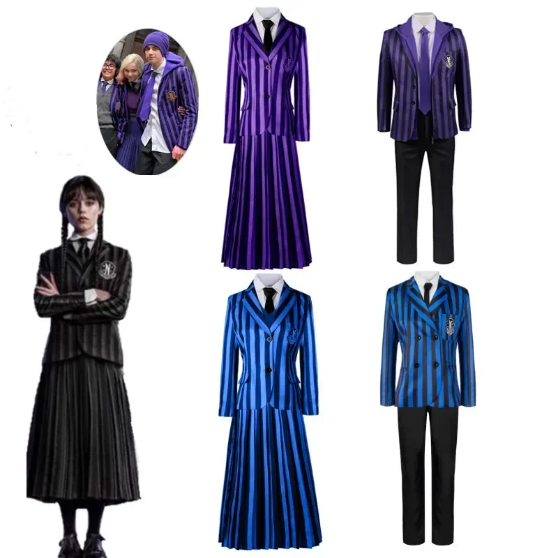 Rabu Addams kostum Cosplay Rabu seragam sekolah Nevermore Academy pakaian sekolah ungu dan biru kostum Halloween