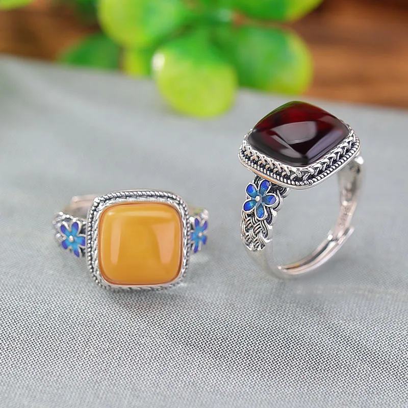 S925 Sterling Silver Blood Amber Resin Cloisonn Flower Woven Square Style Ring