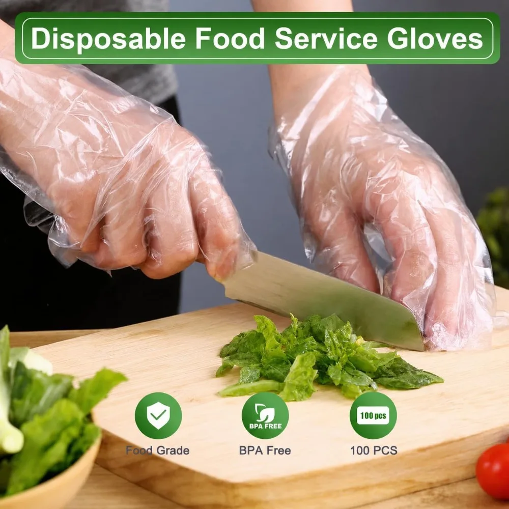 100 Count Disposable Food Prep Gloves, Clear Poly Gloves for Food Handling