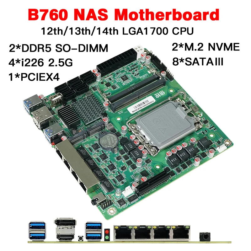 Mini ITX B760 NAS Motherboard Home Processor LGA1700 CPU 2*DDR5 4*i226 2.5G 2*M.2 NVME 8xSATA 1*PCIEX4 1*DP 1*HD Firewall Server