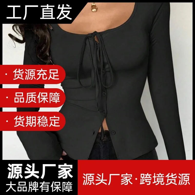 Women Cardigan Long Sleeve Solid Color Cardigans Black Knit Button Cropped Wrap Style Open Front Top Square Neck Slim Fit