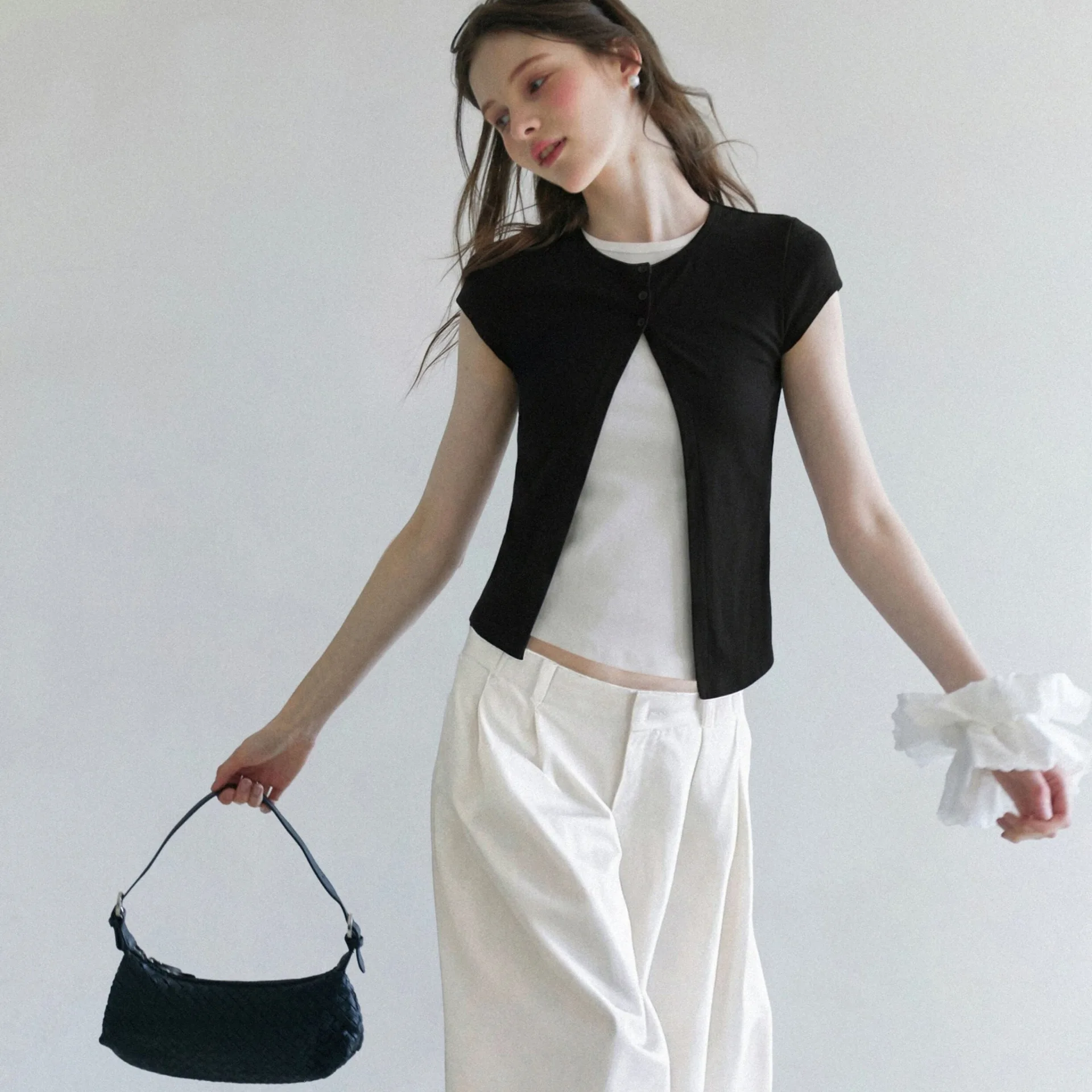 Black White Color Block Short Sleeve Open Cardigan T-Shirt Women's Slim Fit Top Fake Two-Piece Style Commute Vintage Polyeste...