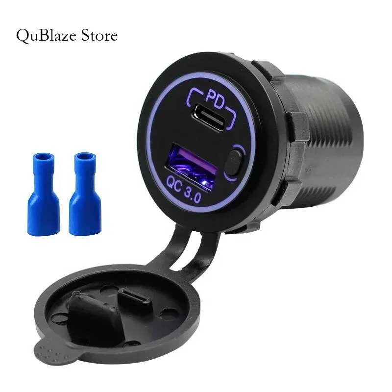 

Waterproof PD Type C USB Car And QC 3.0 Quick Charger 12V Power Outlet Socket With ON/Off Switch For Motorcycle RV ATV