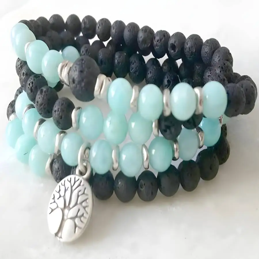 

6mm Amazonite Gemstone Mala Bracelet 108 Beads Tree Pendant Buddha Chaplet Spiritual Japa Bodhi Meditation Zen tassel Nirvana