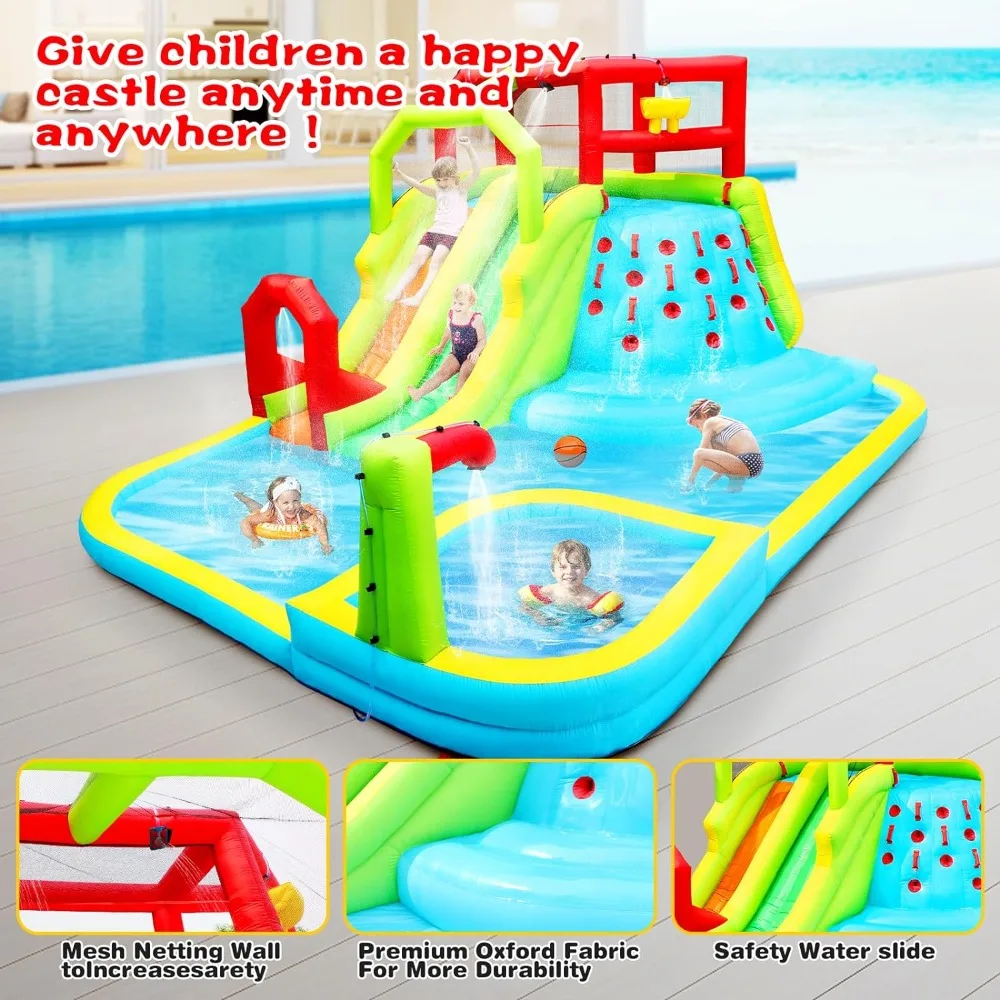 Inflatable Water Slide Park with Splash Pool Climb The Wall, 3 Inflatable Sport Balls and 4 Water Guns, Water Slide