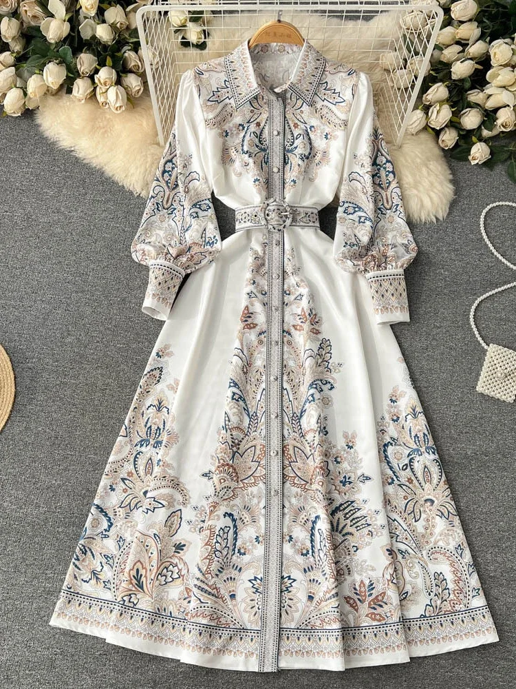 Retro Frauen Hemd Kleid Laterne Ärmel Abend Party Kleider Mode Revers gedruckt Single Frühling Herbst elegante hohe Taille Kleid