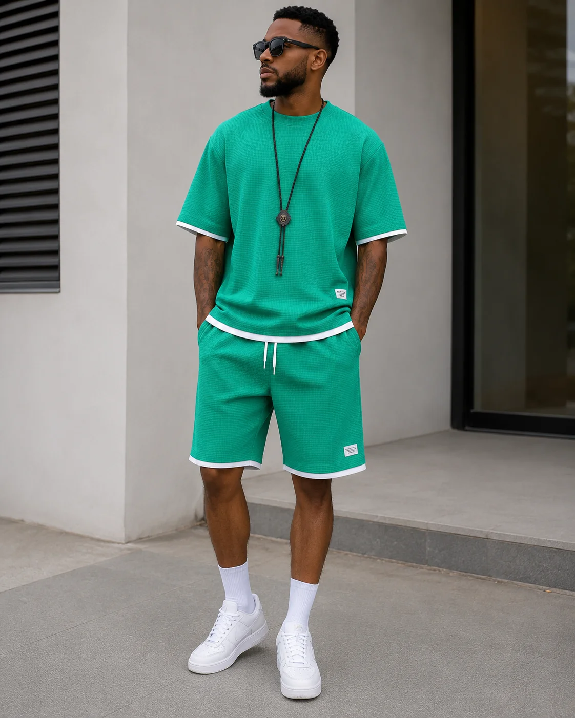 Waffle Men's Summer Short Sleeve And Shorts Two Piece Sets Sports Casual Tracksuit Men Comfortable Cool Shorts Oversized Set