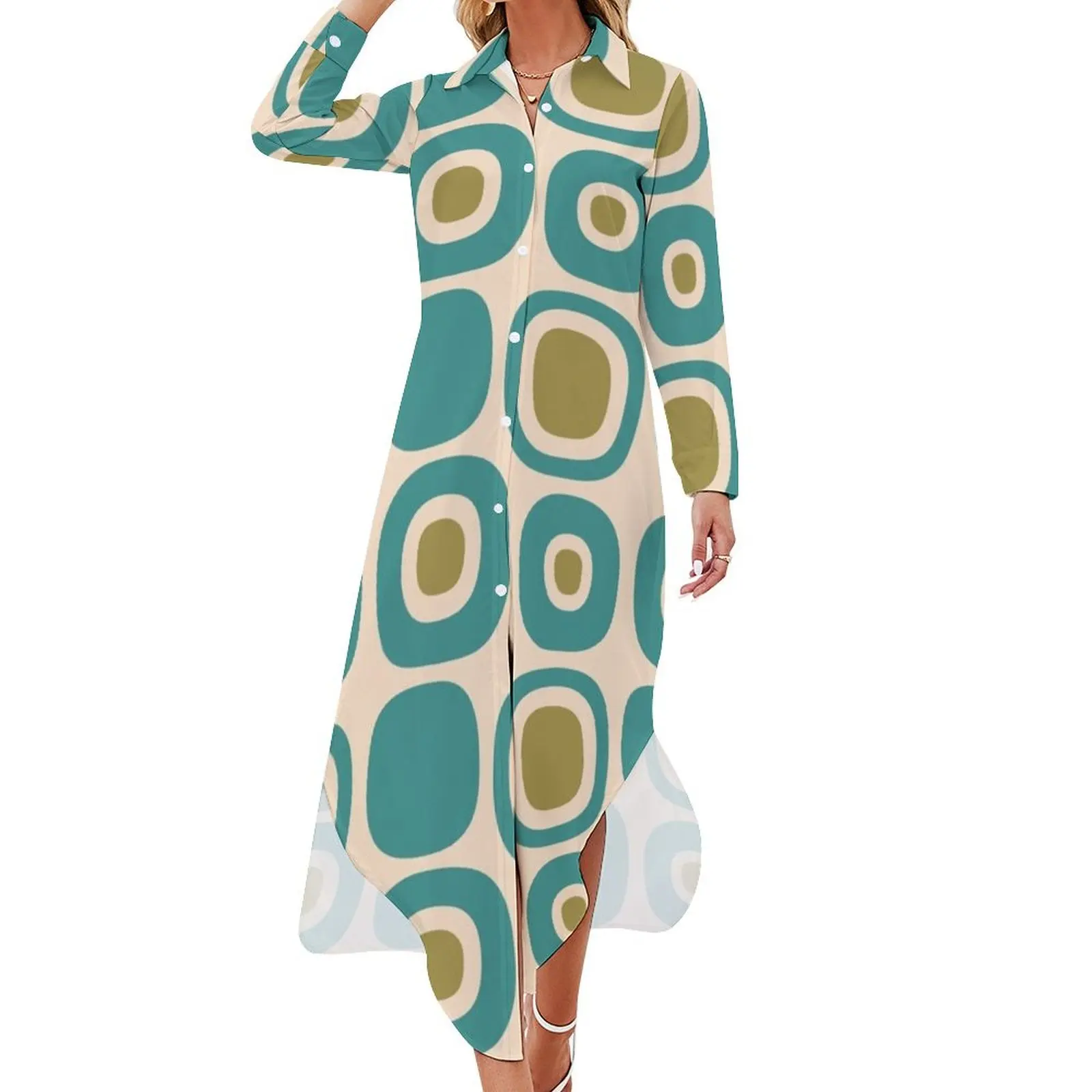 

Colorful Retro Mid Century Modern Garden Path Pattern 147 Long Sleeved Shirt Dress Womens dresses Dresses Female clothing