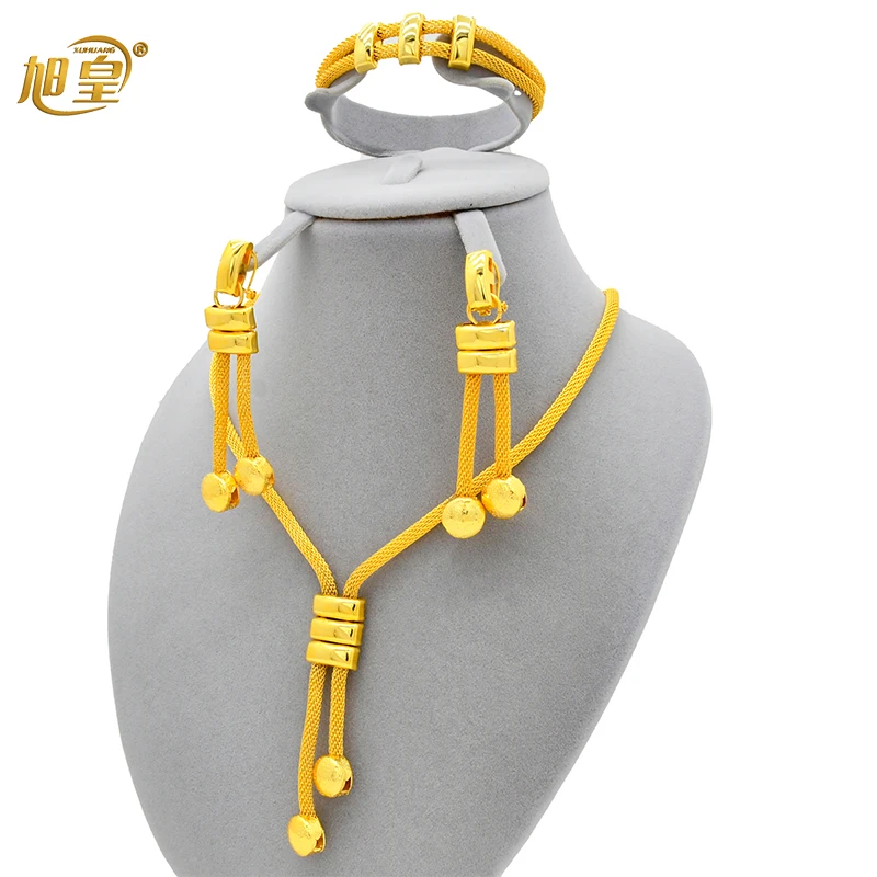 XUHUANG New Indian 24k Gold Color Long Chain Jewelry Sets For Women Bridal Banquet Dubai Necklace Earrings Ring Sets Party Gifts