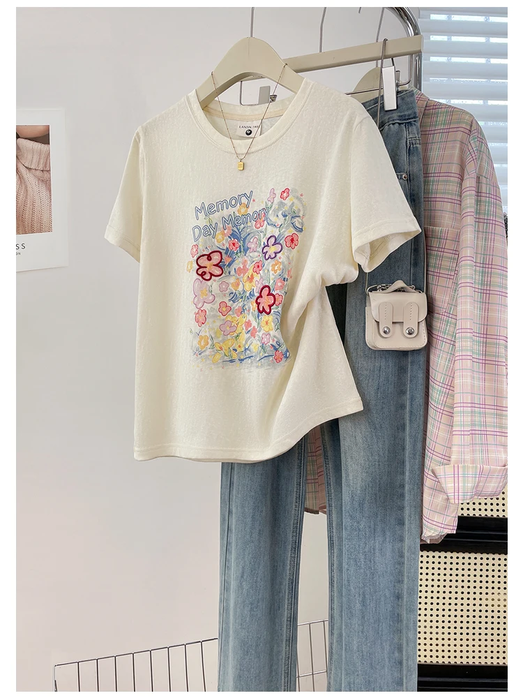 Fashionable Breathable Short Sleeve Hand-Drawn Print T-Shirt Women's Summer Slimming Top Cotton Polyester Blend round Neck