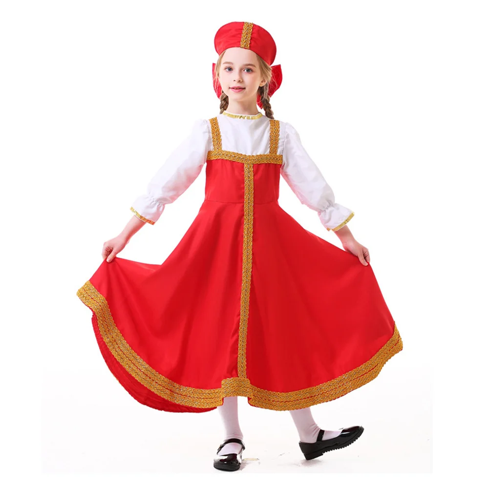 Russian Ukraine Ethnic Cosplay Kids Girls Costume Children Disguise Stage Performance Outfit Dress Headgear Child Halloween Suit