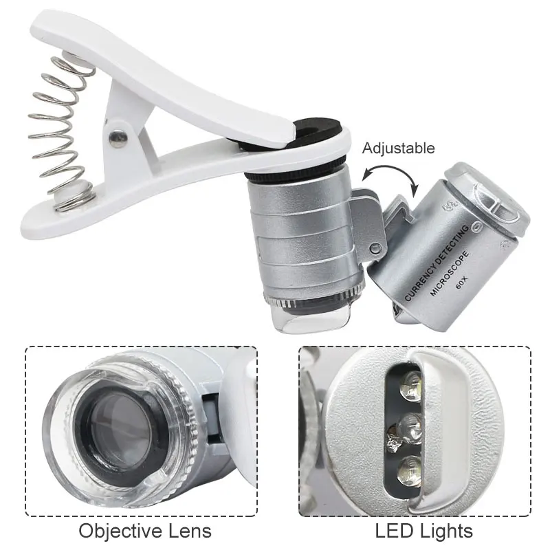 Microscopio LED con detección de moneda para teléfono inteligente, lupa móvil con Clip Universal, luz LED UV, identificación f/gema, 60X
