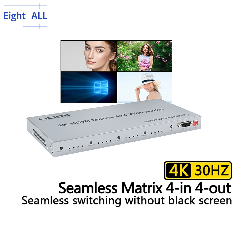 4x4 HDMI Seamless Switching Matrix with Audio Extractor 4K@30Hz HDR 18Gbps Splitter 4 in 4 OutSupport HDCP1.4 EDID RS232