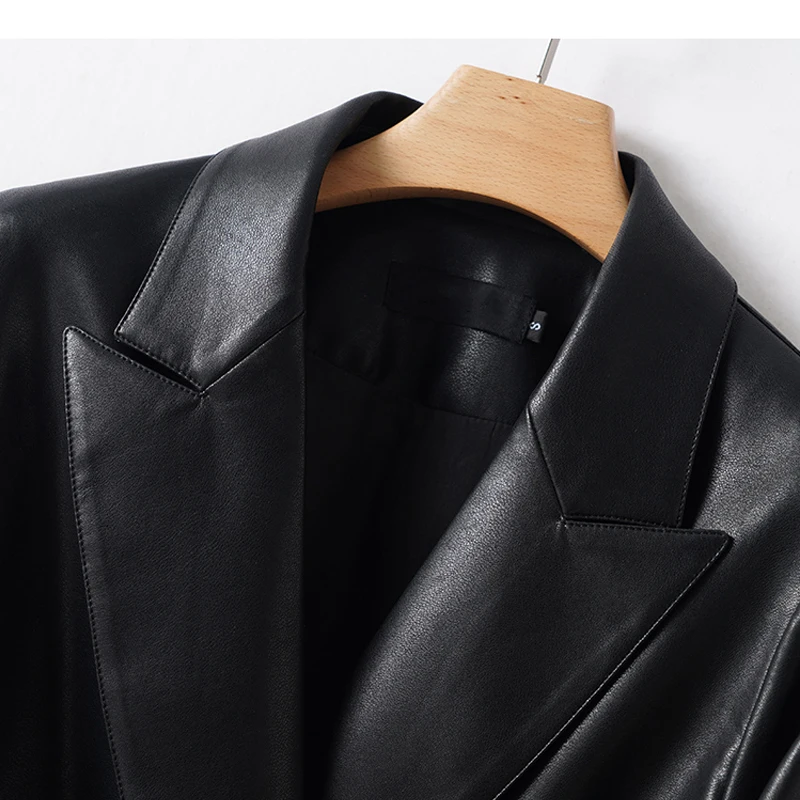 2025 New Women's Sheepskin Blazer Jackets Fashion Office Ladies Chic Single Button Lace-up Belt Casual Slim Split Leather Coats