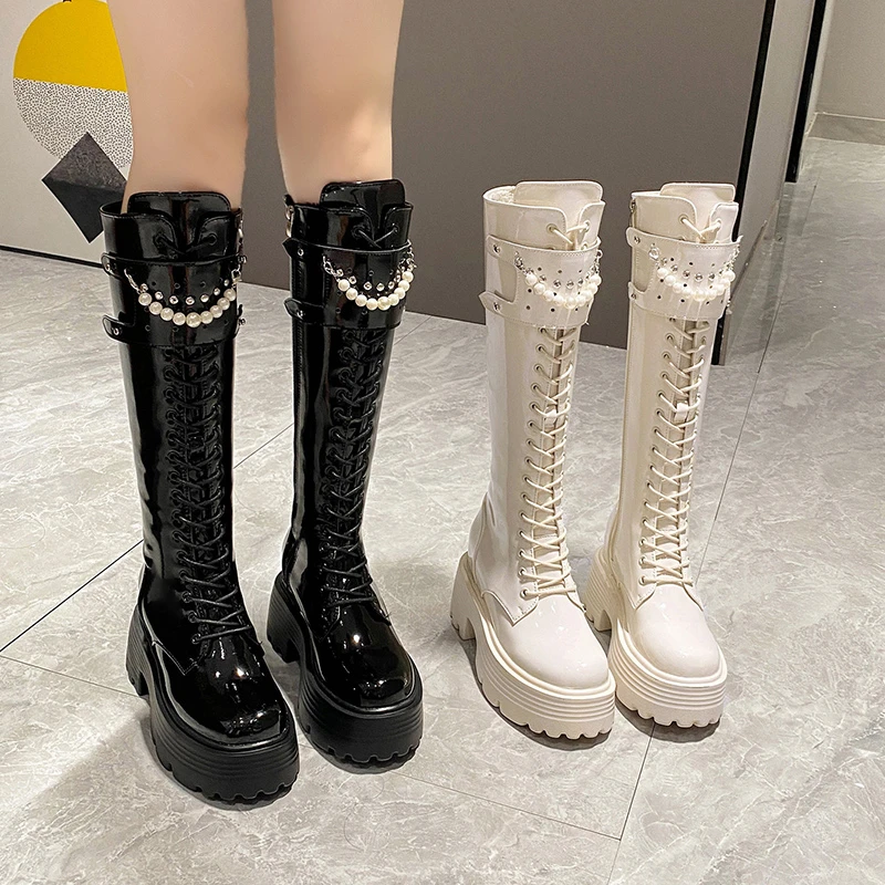 Winter Leather Warm Plush Boots Women Pearl Knee High Boots Casual Chunky Punk Shoes Woman 8.5CM High Heels Platform Long Boots