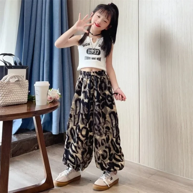 Girls' Summer Lightweight Mosquito Repellent Pants Leopard Print Harem Pants with Quick Dry Fabric Breathable Lantern for Kids