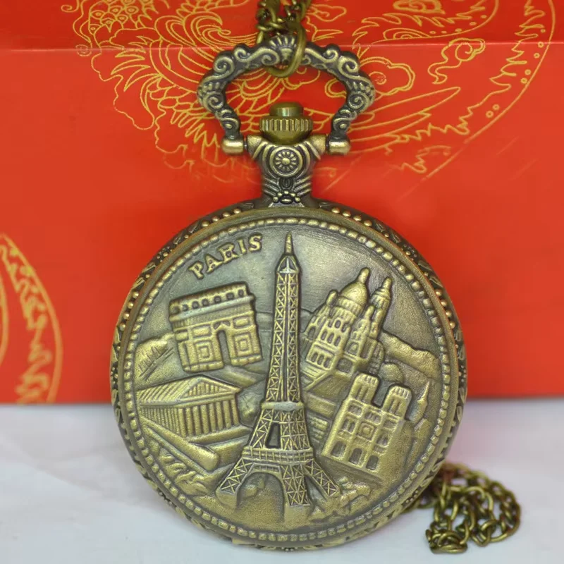 8050Large personality bronze pocket watch Vintage design castle + tower pocket watch