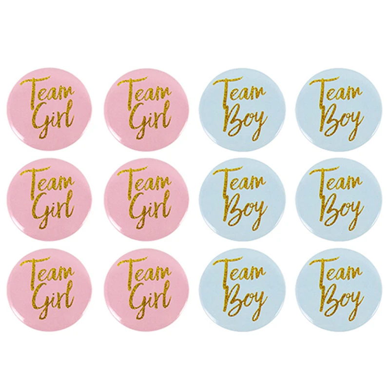 12pcs Boy or Girl Gender Reveal Party Supplies Blue Pink Team Boy Girl Tinplate Badges Button Pins For Baby Shower Decorations