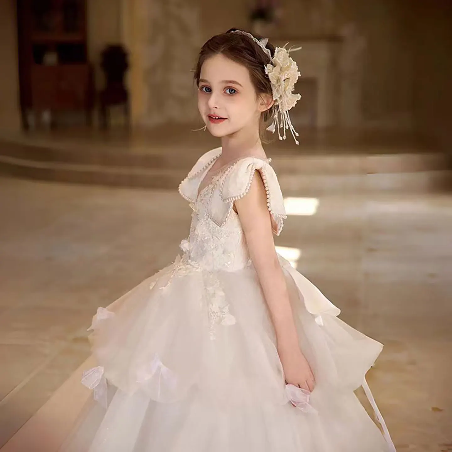 Dreamy Vow D317 Abito da ragazza di fiore in tulle con fiocco a cuore di lusso Principessa araba Prom per bambini Matrimonio Compleanno Festa Spettacolo
