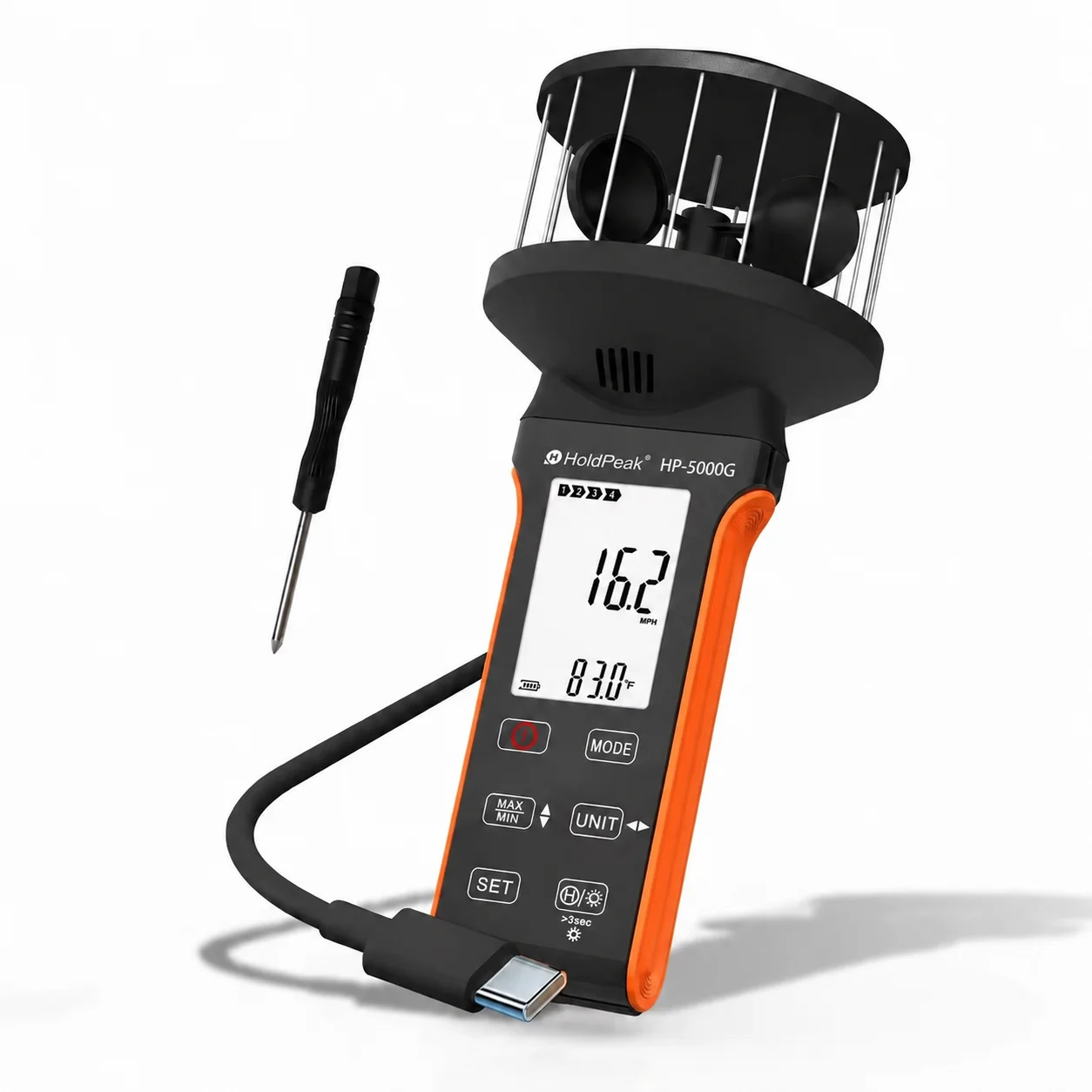 

Digital Anemometer Handheld 4 Cups 360° Wind Speed Meter, ±5% High Accuracy Wind Gauge with Temp (℃/℉), MAX/AVG for Shooting
