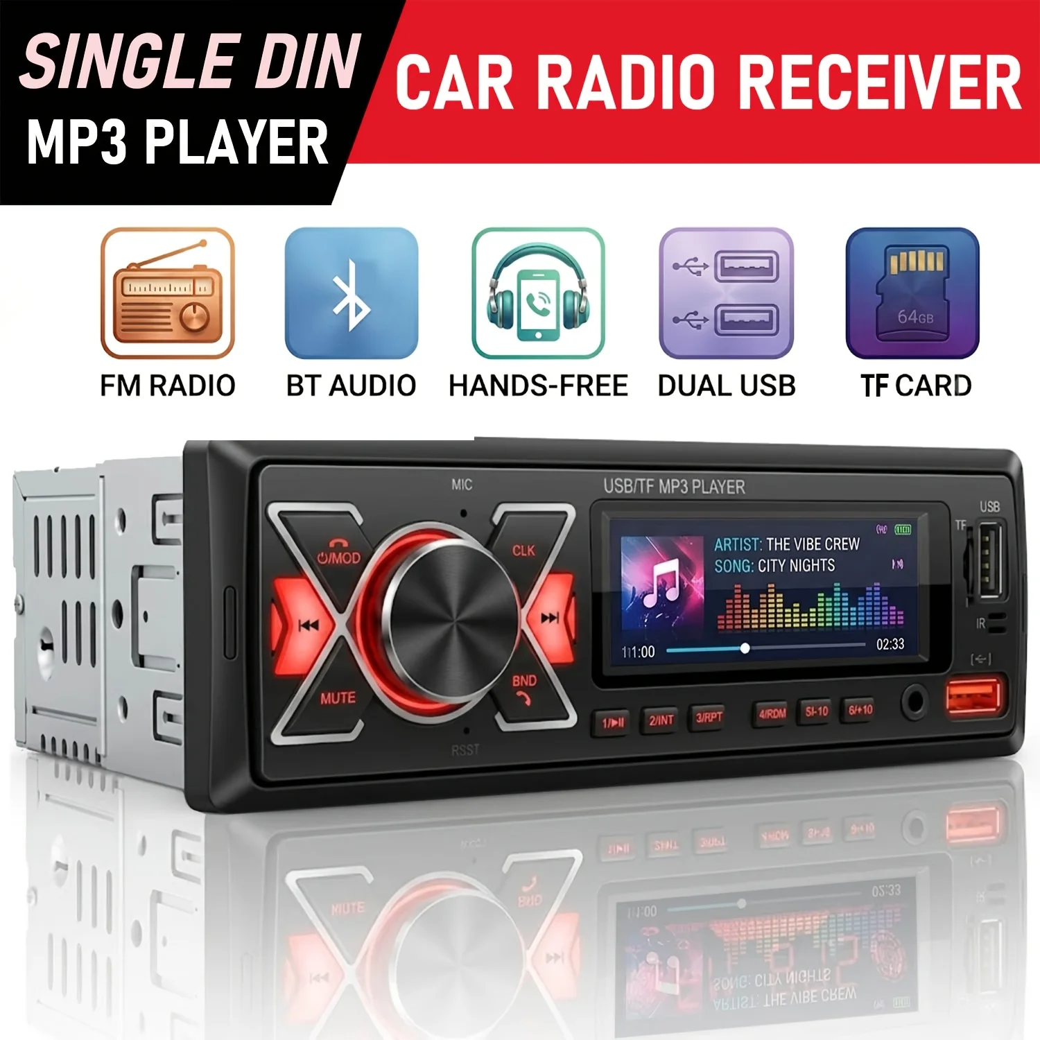 Car Stereo Single Din BT Audio Hands-Free Microphone MP3 Player No CD/DVD Player USB Port AUX Input FM Radio Receiver