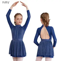 Kids Girls Ballet Dance Dress Figure Skating Gymnastics Leoatards Dress Long Sleeve Shiny Rhinestone Mesh Lyrical Dancewear 2023