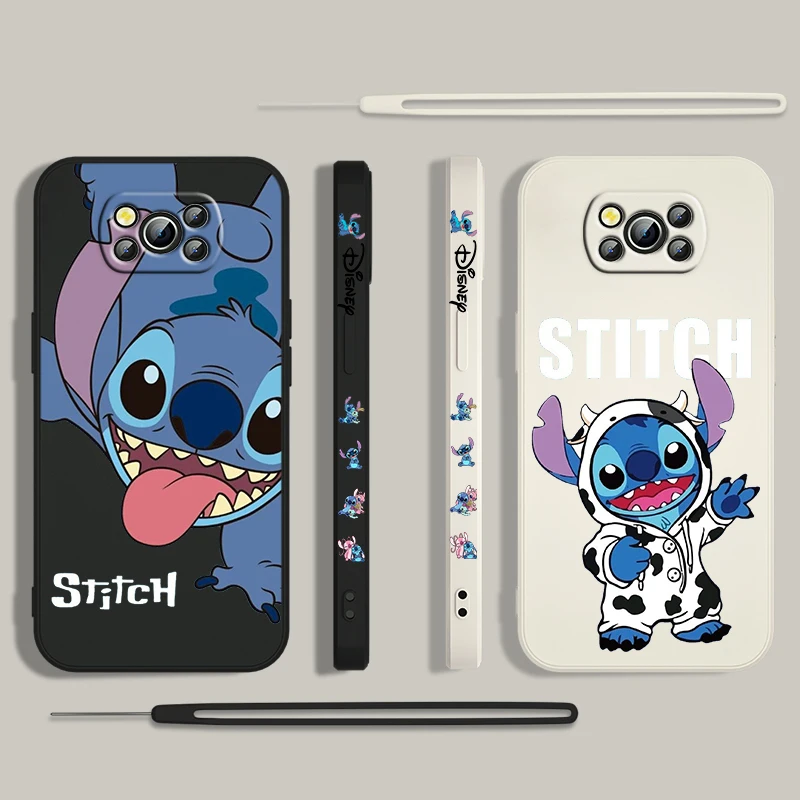 Stitch Disney Cartoon For Xiaomi Poco Cover For X4 X3 F4 NFC M6 M5 M4 M3 GT S Pro 4G 5G Liquid Left Rope Phone Case