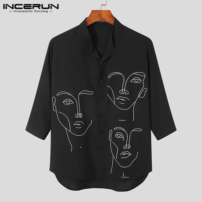 INCERUN-Blusa holgada de estilo Simple para hombre, ropa de calle informal con estampado de cara, Tops, 2023