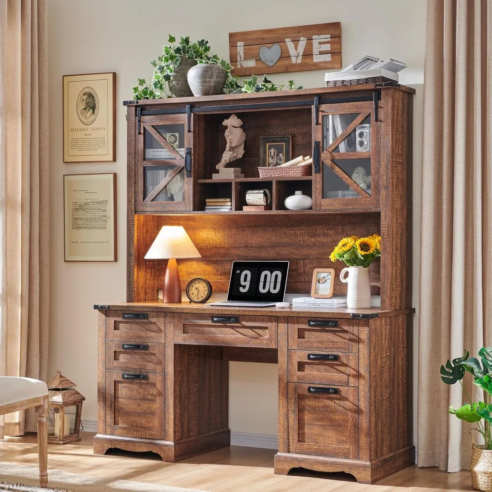 Farmhouse Desk with Hutch, Wood Home Office Executive Desk with Drawer, Charging Station, Keyboard Tray